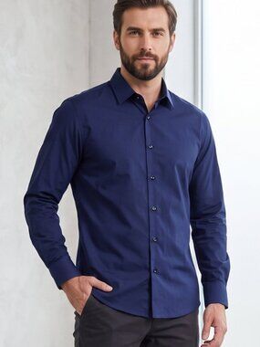 NWOT | Men's Navy Blue Solid Long Sleeve Button Up Dress Shirt Business | Small